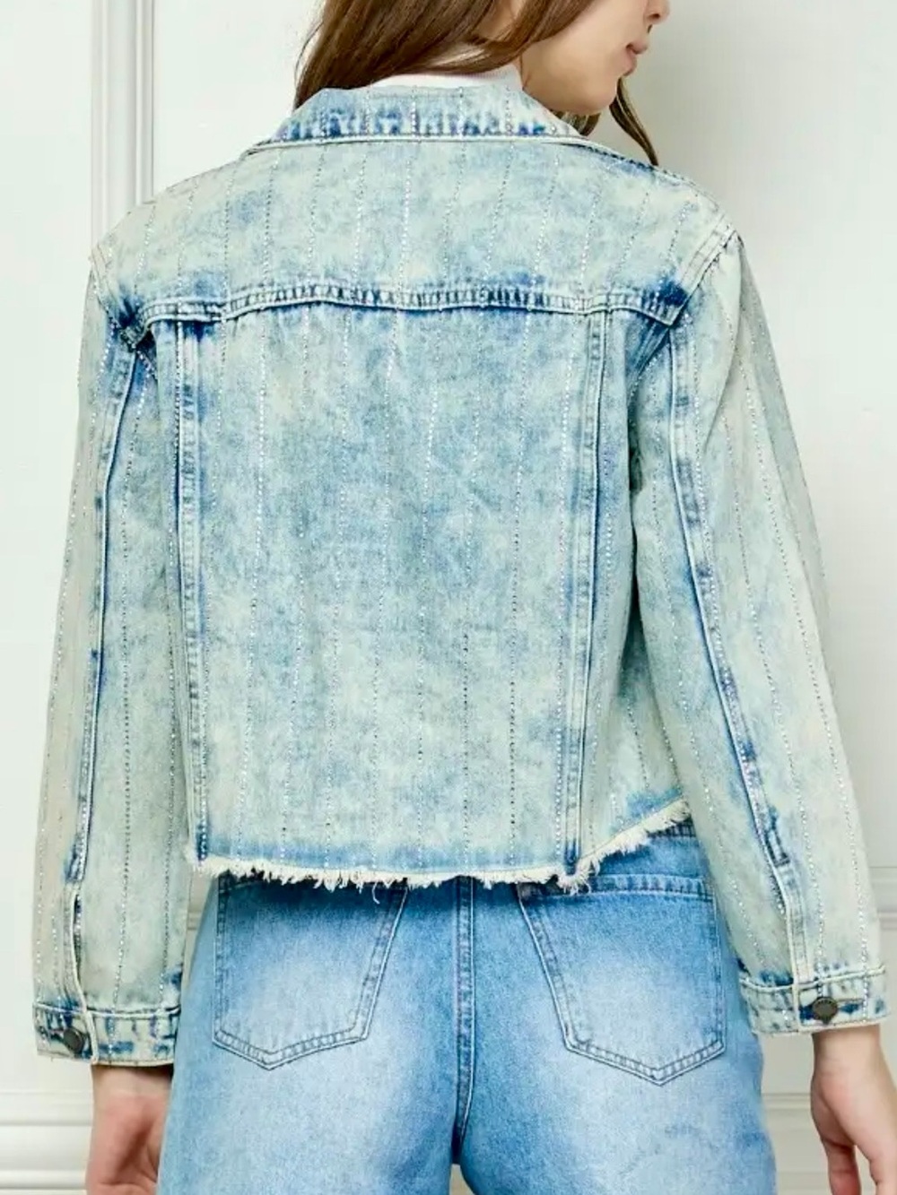 Striped Rhinestone Distressed Denim Jacket - Picture 5 of 12